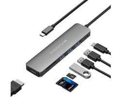 USB C Hub naar HDMI - SD Kaart Lezer - USB 3.0 Splitter met Externe Voeding - 100W USB C Docking Station - Geschikt voor Laptop, Samsung, MacBook Air, Pro, Thunderbolt, Dock Hub Adapter Station