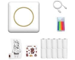 Ultra - Compacte Draagbare Bluetooth - Enabled Draadloze Thermische Printer - Met 10 Rollen Gratispapier, 5 Kleurstiften en Cartoon - Stickers