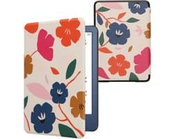 kwmobile e-reader hoesje geschikt voor Amazon Kindle (2022/2024) hoes - E reader flip case met magnetische sluiting - Ereader cover - Bonte bloemen design in roze / donkerblauw / crème