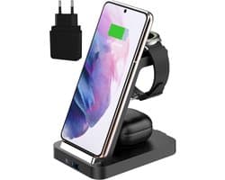 iSetchi Draadloze 3-in-1 Oplader 15 W – Qi Oplaadstation met Snelladen – Compatibel met Smartphone, Smartwatch & Draadloze Oordopjes – Zwart