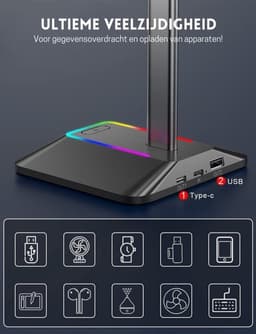 Intelectro Headset Stand - Schitterende Verlichting voor je Setup! - 2 USB Aansluitingen voor het Opladen van Apparaten - Plug & Play - Antislip Pads - TPU Rubberen Gedeelte om Krassen te Voorkomen - Zwart - Levering Sneller dan Aangegeven! — thumbnail 2