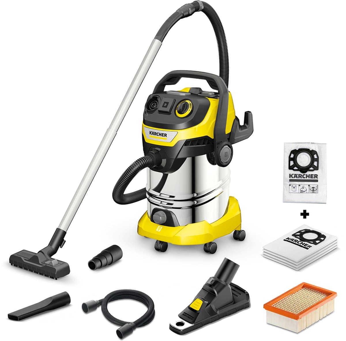 Kärcher WD 6 P S V-30/6/22T Renovation Set - Incl. boorstofopvanger + extra set vliesfilterzakken - 1300 W - 30 liter - GeÍntegreerd stopcontact - RVS zuigbuiszen - Afvoerschroef - RVS container - Vlakfilter — afbeelding 1