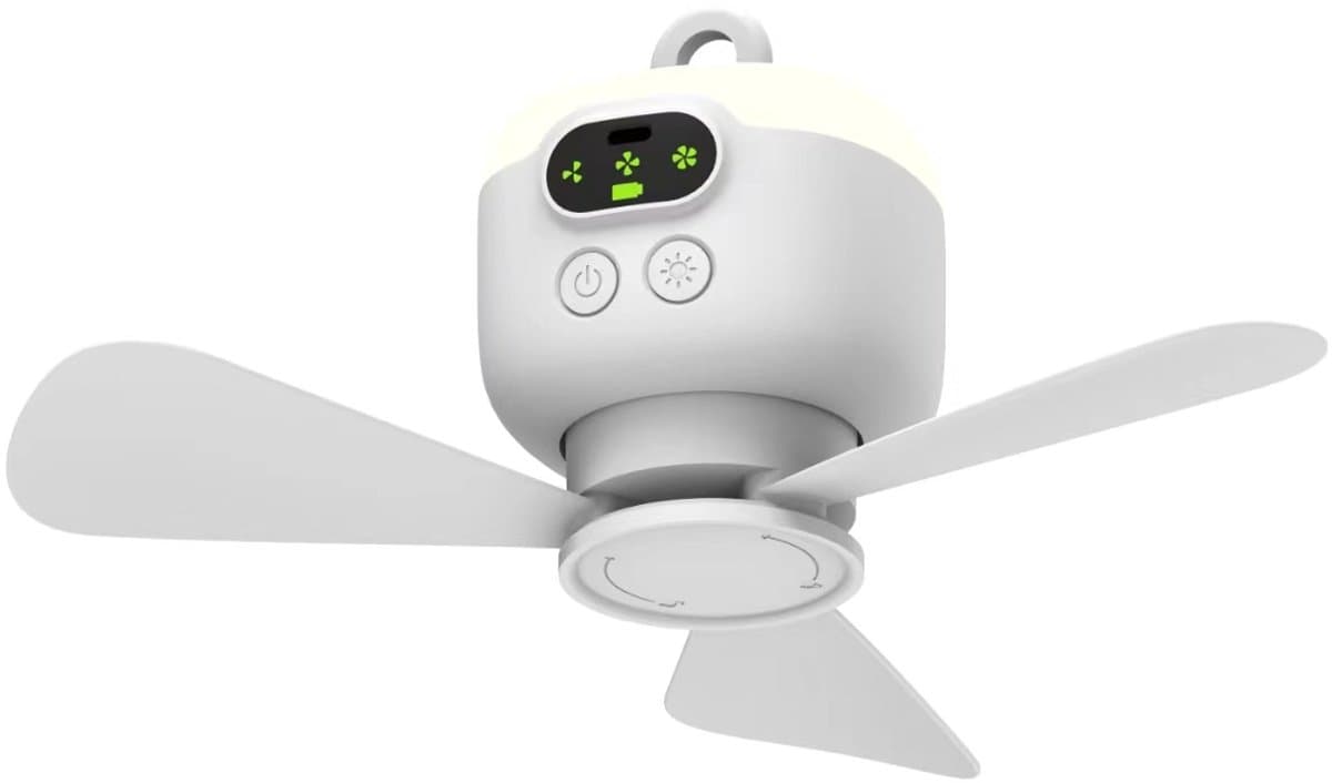 Kampeerventilator 8000mAh op batterijen, draagbare, oplaadbare tentventilator met afstandsbediening, plafondventilatorlamp met 3 afneembare ventilatorbladen, timer, 4 snelheden met afstandsbediening geschikt voor buiten, wit — afbeelding 1