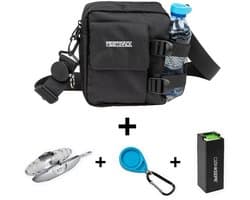 Festipack schoudertas met fleshouder - Festival tasje - Met Partydop, Coinkeepr en Pluggerz oordoppen - Zwart