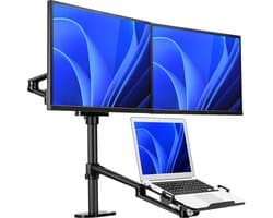 TTD® Monitor Arm 2 Schermen & Laptop - Monitor Arm 3 Schermen - Monitor Arm voor 2 Beeldschermen en 1 Laptop - Volledig Roteerbaar en in Hoogte Verstelbaar - 9 kg per Arm - Monitor Beugel - Zwart - Aluminium - Laptop Standaard Verstelbaar