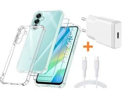 USB C Adapter - USB C Snellader 20W Met 1m Kabel - Hoesje Geschikt voor Samsung Galaxy A16 4G / 5G transparant Anti Shock silicone met 2x screenprotector- Ntech COMBI-SET