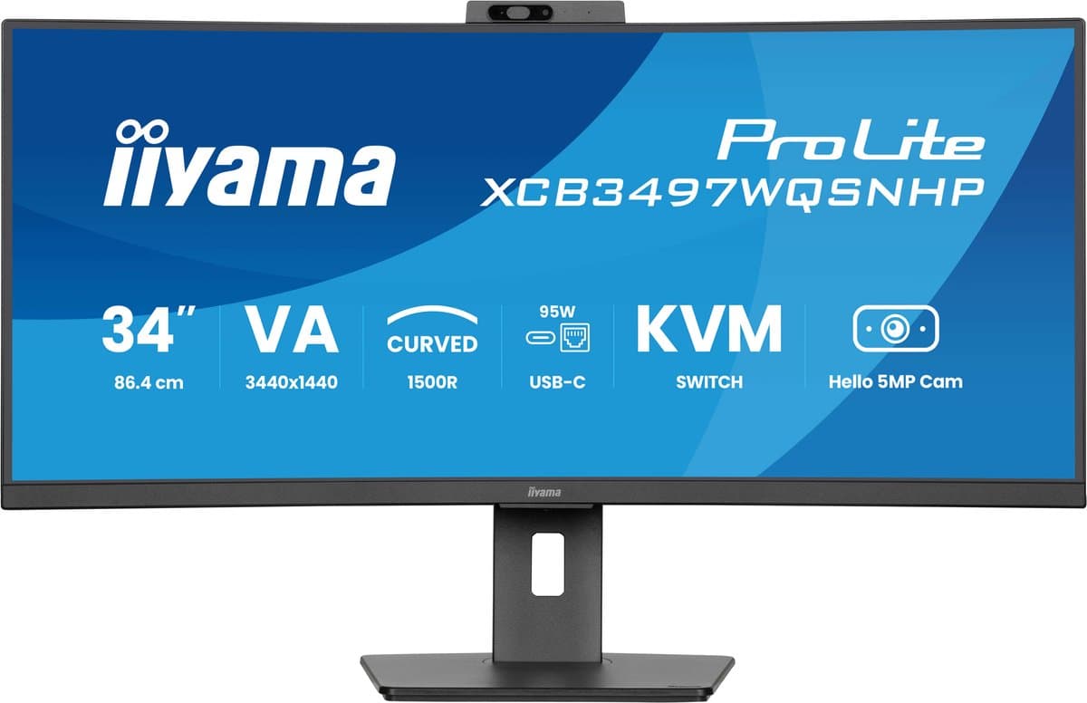 iiyama ProLite XCB3497WQSNPH-B1 - 34 inch - WQHD - VA - USB-Hub (4x) - Verstelbaar - USB-C Dock - Curved - Hello Cam — afbeelding 1