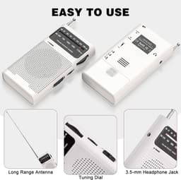 AM/FM-radio draagbaar voor thuis en buiten, transistorradio op 2AA-batterijen met langeafstandsontvangst, luidspreker, transistorantenne, oortelefoonaansluiting, kleine geschenken voor senioren, ouderen - wit — thumbnail 2