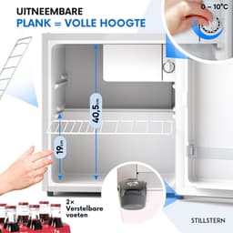 Stillstern Mini Koelkast E 45L met Automatische Ontdooiing, Slot, Vriesvak, stil, ideaal voor keuken, kantoor, slaapkamer, hotels en kleine appartementen Kleine koelkast Minibar Drankkoelkast Zilver [Energieklasse E] — thumbnail 5