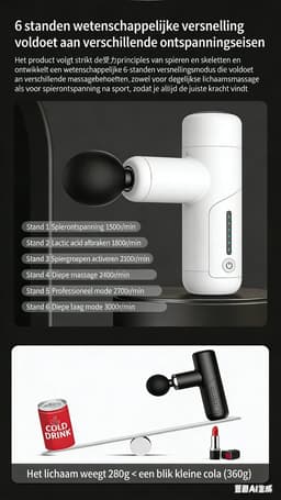 Kleine Massagepistool (Telefoongrootte) - 6mm Diepe Massage | 6 Versnellingen | 4 Massagekoppen | Type-C Opladen—Wit — thumbnail 4