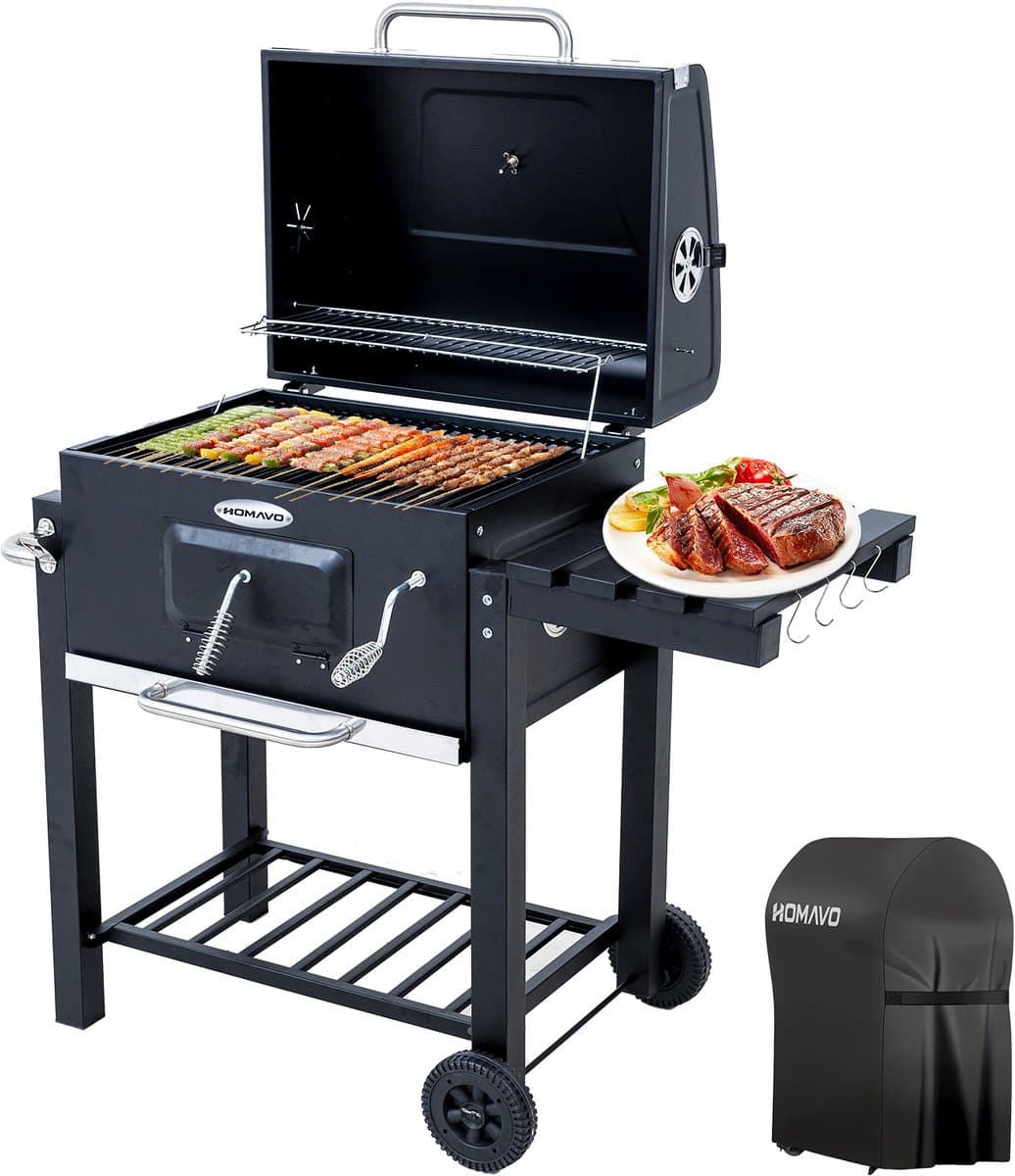 HOMAVO Houtskoolgrill, Barbecue met Deksel, Grilloppervlak: 56×42,5 cm, Hoogteverstelbare kolenbak, Opvouwbaar Zijtafeltje, Met Waterdichte Barbecuehoezen — afbeelding 1