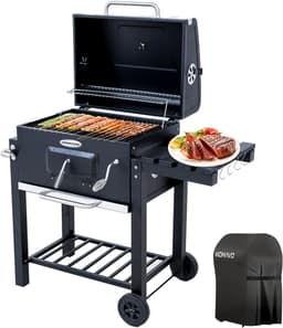 HOMAVO Houtskoolgrill, Barbecue met Deksel, Grilloppervlak: 56×42,5 cm, Hoogteverstelbare kolenbak, Opvouwbaar Zijtafeltje, Met Waterdichte Barbecuehoezen — thumbnail 1