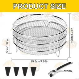 3-pack Stapelbare Airfryer Mandjes RVS - Ronde Roster met Siliconen Voetjes en Tongs — thumbnail 3