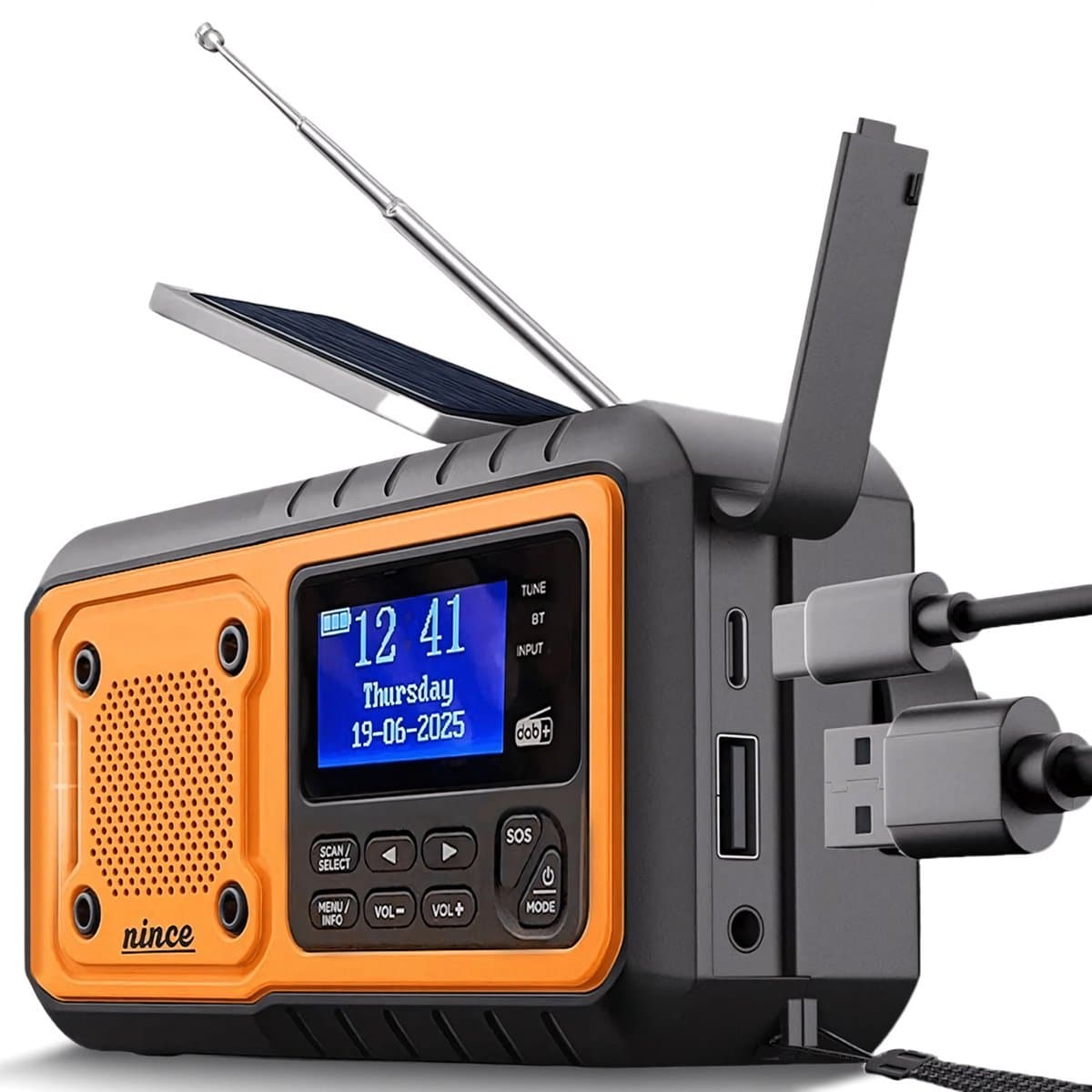 Nince Noodradio DAB+ Solar Opwindbaar - Draagbare Radio met Bluetooth - Powerbank & Zaklamp - Noodradio Op Batterijen en USB-C - Voor Noodsituaties & Kamperen — afbeelding 1
