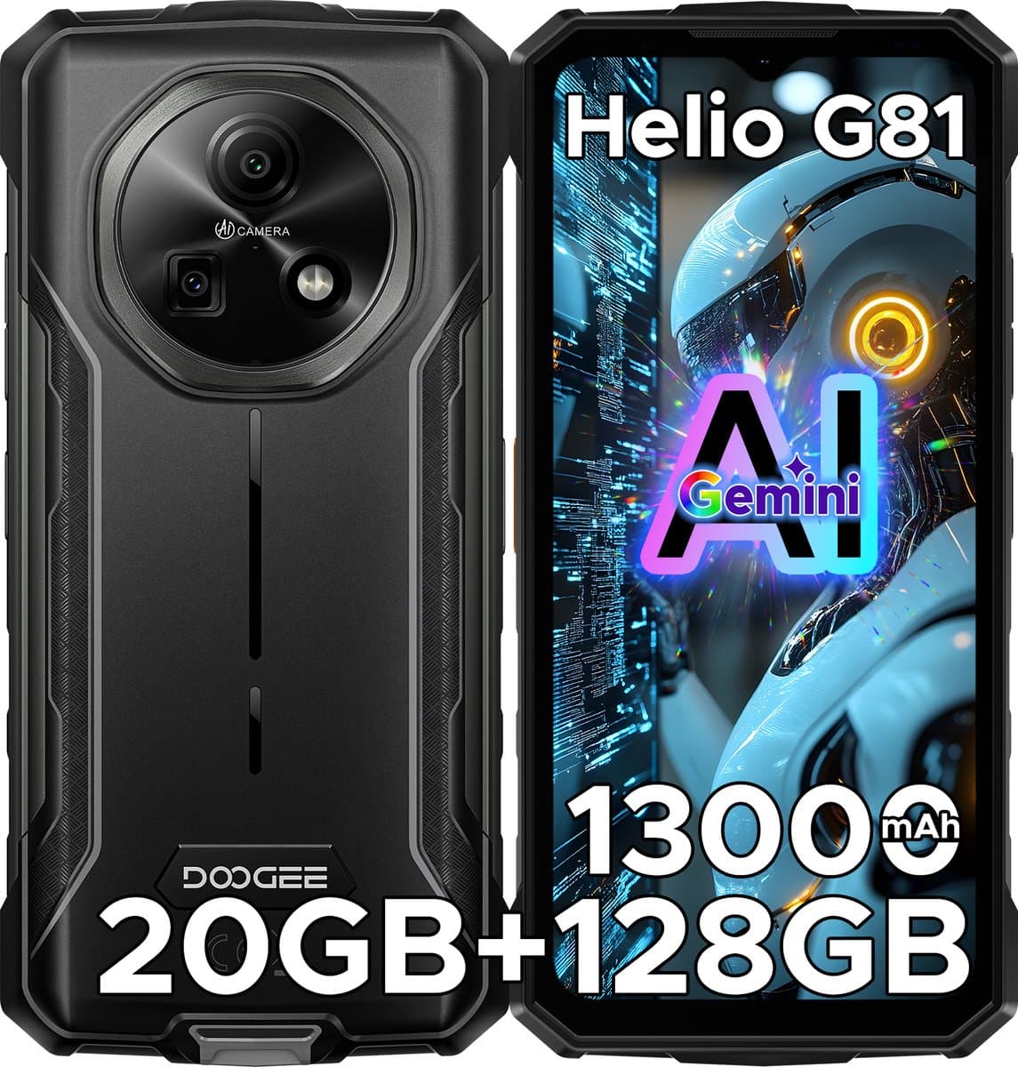 DOOGEE Fire 5 Pro 4G- Rugged Smartphone- 20 GB ROM+128 GB ROM/2 TB TF - 13000 mAh/18W - 6,6inch HD+ 90Hz- Android 15- MediaTek Helio G81 - Gemini AI - NFC- Face ID - IP68 - Grijs — afbeelding 1