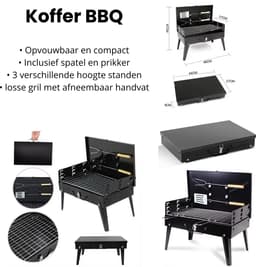 Koffer BBQ | Houtskool Barbecue | Opvouwbare inklapbare meeneem kolen BBQ inclusief gereedschap | Opvouw inklap tafel vakantie camping compact klein onderweg — thumbnail 5