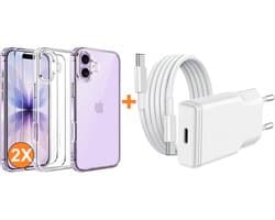 USB C Adapter - USB C Oplader 20W Met USB C Kabel 1M - Hoesje Geschikt voor iPhone 17 transparant Anti Shock silicone met 2x screenprotector- Ntech COMBI-SET