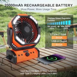 Draagbare Campingventilator met LED Licht en Afstandsbediening - Oplaadbare Tafelventilator met 270 Graden Rotatie voor Thuis en Buiten — thumbnail 3