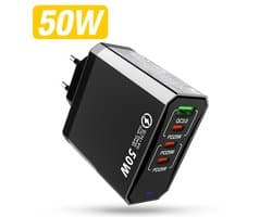 Bazzzy® 4-in-1 Snellader 50W – Fast Charger – Telefoonlader – USB-C & USB-A Oplader – Geschikt voor iPhone, Samsung, iPad, MacBook, Laptop & Smartwatch – Compacte 4-Poorts Oplader – Zwart