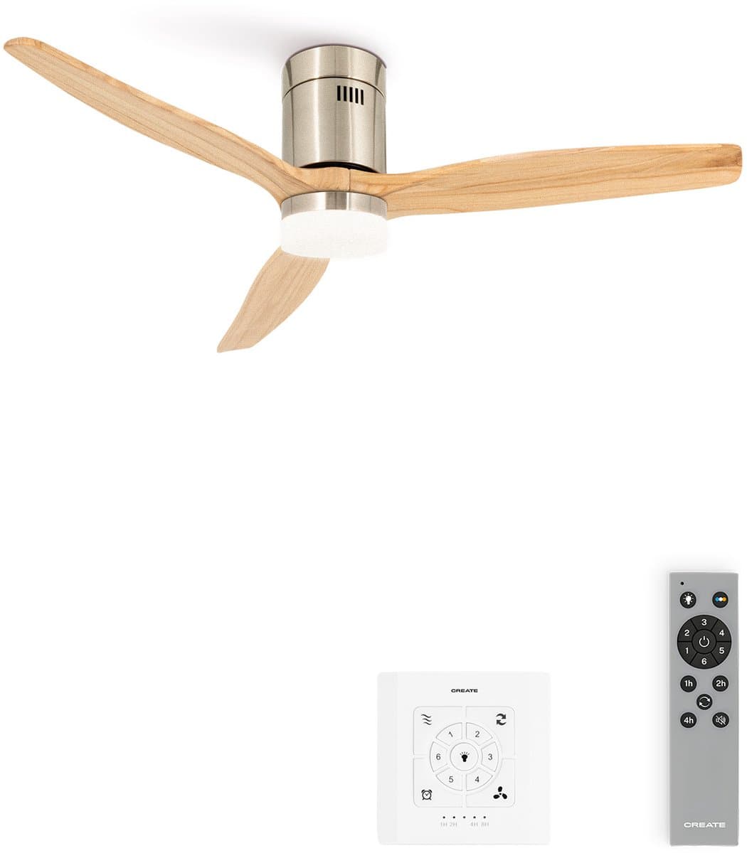 CREATE - Plafondventilator 40W silent 100% hout (Ø132cm) (ruimtes 10m²-25m²) - Nikkel / Licht hout - Met licht - Controller voor wandmontage + afstandsbediening - WIND CALM NATURAL WOOD — afbeelding 1