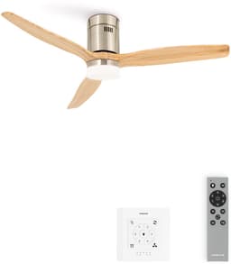 CREATE - Plafondventilator 40W silent 100% hout (Ø132cm) (ruimtes 10m²-25m²) - Nikkel / Licht hout - Met licht - Controller voor wandmontage + afstandsbediening - WIND CALM NATURAL WOOD — thumbnail 1