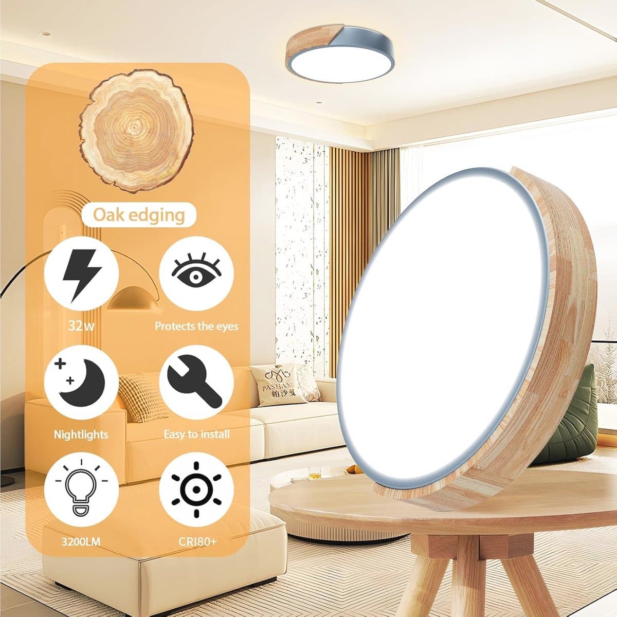 Dimbare Houten Plafondlamp - 3000K-6000K LED Lamp met Afstandsbediening - Moderne Verlichting voor Woonkamer, Slaapkamer en Hal - 32W, 30 cm, Blauw — afbeelding 1