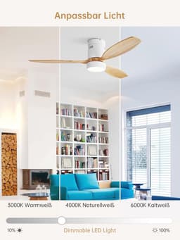 Plafondventilator met LED Verlichting en Afstandsbediening - 132 cm, 3 Houten Vleugels, DC-Motor, Timer en 6 Snelheden — thumbnail 5