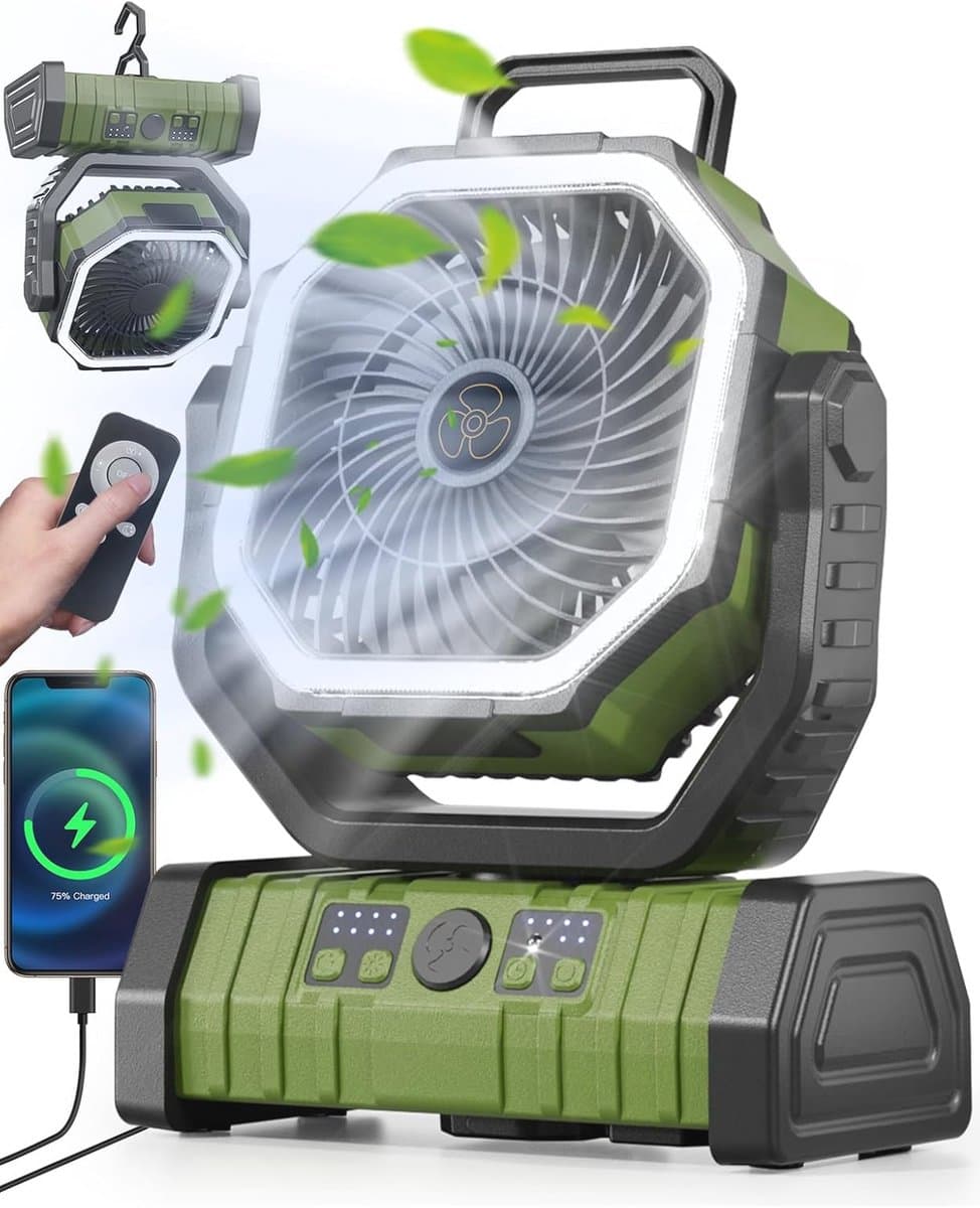 Ventilator met LED-lantaarn voor Camping en Outdoor Activiteiten - 4 Snelheden, Stil, USB Oplaadbaar — afbeelding 1