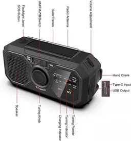 Noodradio op accu voor rampen met zaklamp en powerbank - Opladen met USB, zonneenergie en dynamo opwindbaar met accu van 3500mAh - FM/AM radio - Survival Noodpakket - Draagbare Radio - Solar Wereldradio - SOS lamp - Zwart — thumbnail 4