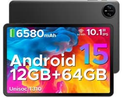 DOOGEE TAB A9 - Tablet - Android 15 - 12GB RAM + 64GB ROM（2TB/TF） - 10 Inch - 6580 mAh - 5G WiFi - Tablet Unisoc T310 - Dubbele Luidspreker - 3,5 mm aansluiting - Face ID - Zwart