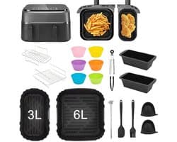 OIMG Vierkante Heteluchtfriteuse Accesoires Set - 18 Stuks - Geschikt voor philips Airfryer Dual Basket 3000 Series NA350 Airfryer-accessoires - Complete Accessoireset - Waaronder siliconenvorm/heteluchtfriteuse-accessoires/grill/broodvormen/tangen