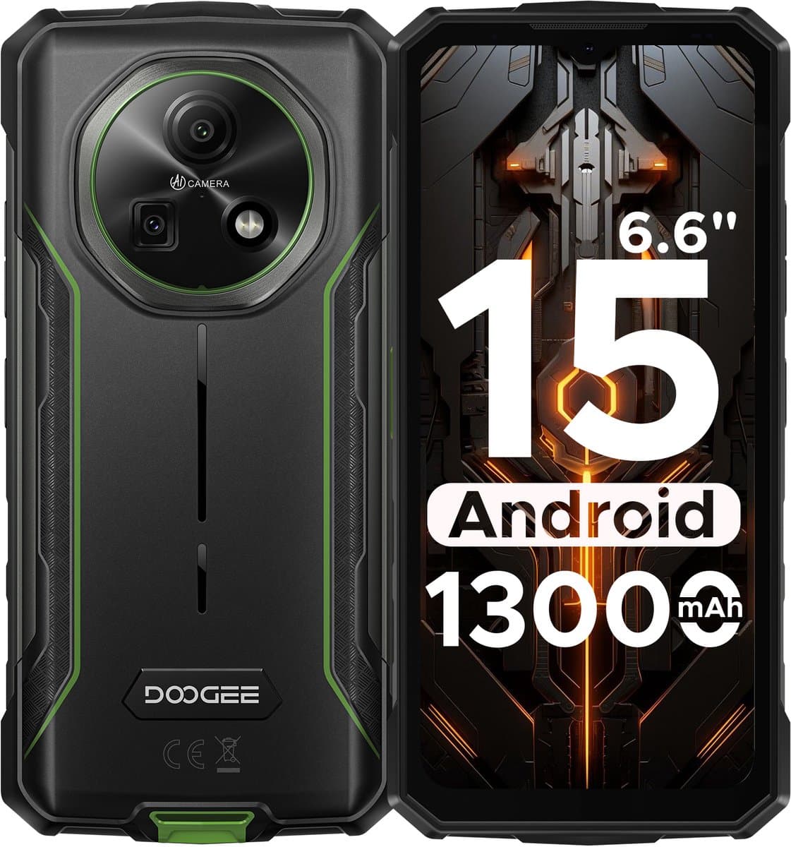 DOOGEE Fire 5 4G - Robuuste Smartphone - Robuuste Telefoon - Android 15 - 12 GB RAM / 64 GB ROM (TF 2 TB) - 6,6-inch HD+90 Hz - 13000 mAh - 13 MP +8 MP camera - Face ID - NFC - OTG - GPS - Groen — afbeelding 1