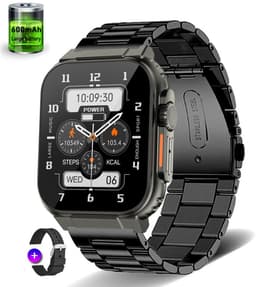 Knobbout 1.96"(3.5*4.4cm) Smartwatch - Bluetooth belfunctie-Super sterke batterij 600MAH- met o.a. NL menu - 44mm HD scherm- Zinklegering horlogekast - Bloeddrukmeting&Bloedzuurstof functie - Opnamefunctie - Slaapmonitor - Zwart Staal+silicone band — thumbnail 1