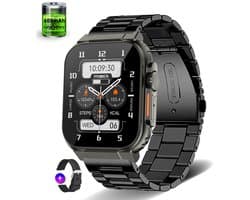 Knobbout 1.96"(3.5*4.4cm) Smartwatch - Bluetooth belfunctie-Super sterke batterij 600MAH- met o.a. NL menu - 44mm HD scherm- Zinklegering horlogekast - Bloeddrukmeting&Bloedzuurstof functie - Opnamefunctie - Slaapmonitor - Zwart Staal+silicone band