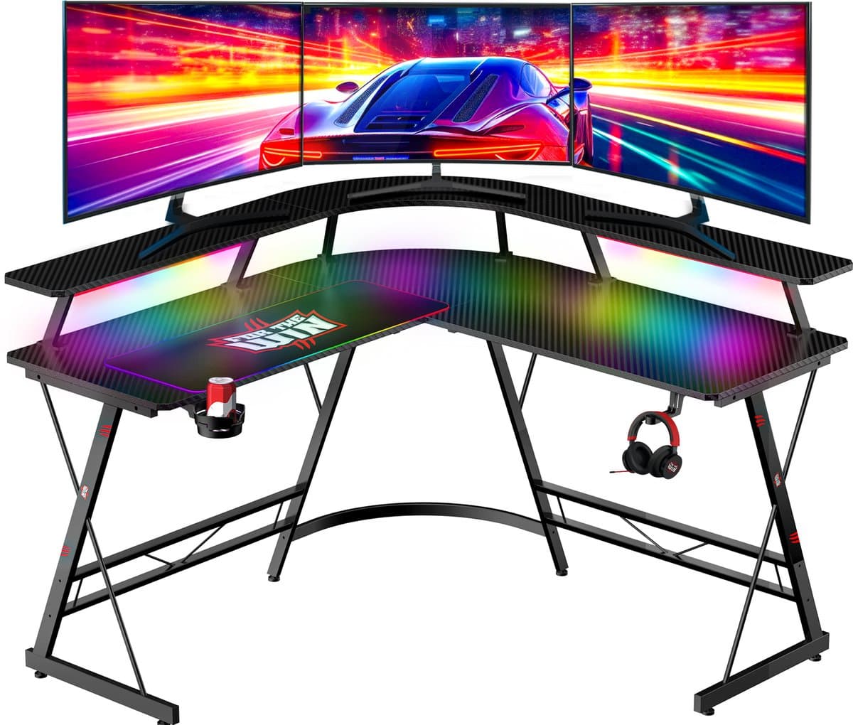 For The Win Hoekbureau - L-Vormig Game Bureau - 130x130x74 cm - Gaming Bureau met LED Verlichting - Incl. RGB Muismat - Monitor Standaard - Gaming Desk - Computer Tafel - Gaming Tafel — afbeelding 1