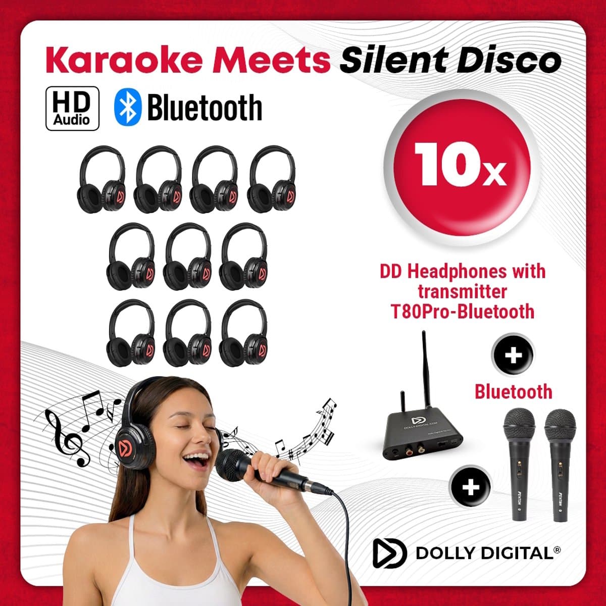 DUAL Karaoke Silent Disco set | 10 koptelefoons | 2 Microfoons | Bluetooth zender | Dolly Digital© original — afbeelding 1
