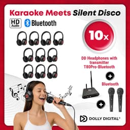 DUAL Karaoke Silent Disco set | 10 koptelefoons | 2 Microfoons | Bluetooth zender | Dolly Digital© original — thumbnail 1