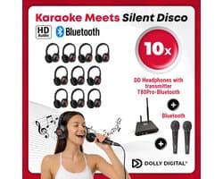 DUAL Karaoke Silent Disco set | 10 koptelefoons | 2 Microfoons | Bluetooth zender | Dolly Digital© original