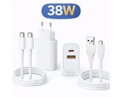 WAEYZ - Oplader USB Adapter Snellader 38 W 2 Poorten USB-C en USB-A - Inclusief Mobiele telefoon Snoer - 1x Kabel 1 Meter Micro-USB-stekker en 1x Kabel USB C naar USB C - Fast Charger voor Telefoon Tablet Oortjes Smartwatch