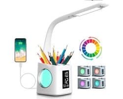 LED-bureaulamp met oogbescherming, studeerlamp, USB-oplaadpoort, nachtelijk sfeerlicht, pen-/schermhouder, tijd-/kalenderfunctie, dimbaar in 3 standen, leeslamp voor kinderen, 10 W.