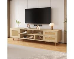 STILVORA TV meubel - TV-kast met 2 lades en 1 deur van rattan - Geschikt voor 70-Zoll televisie - Voor woonkamer, eetkamer en slaapkamer - 160x39x40,5 cm - Spaanplaat - Naturel