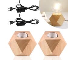 2-delige houten tafellamp, bedlamp E27, houten voet, kleine bedlamp met diamantvormige houten voet, EU-stekker, houten voet E27, perfect voor slaapkamer/woonkamer/kantoor (gloeilamp niet inbegrepen)