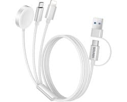 Sounix USB C kabel 100w - 3in1 USB C/Lightning/Smart Watch Oplader - 2 Meter - Geschikt voor Smartphone/Laptop/Smartwatch - Nylon - Zwart