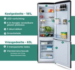 PR195RKZ Retro Koelkast - 244L - D - Koelvriescombinatie - Vrijstaand - Zwart — thumbnail 5