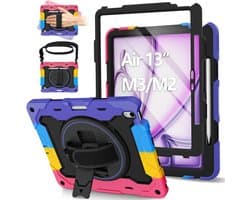 iPad Air 13 inch hoesje 2025 (M3) / 2024 (M2) - zwaar belastbaar, full body schokbestendig met HD-schermbeschermer, 360° draaibare standaard en handriem/schouderriem