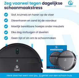 CleanWise Henk Robotstofzuiger + Onderhoudspakket – Nederlands Product – Voor Huisdieren – Met Dweilfunctie & Laadstation – Dweilrobot – 4500 Pa – HEPA 14 – Ultra dun 7,4 cm – App & Spraakbediening – Voor Huisdierharen, Harde Vloeren & Tapijt — thumbnail 2