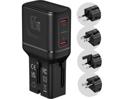 Jooier Super Slim Universele Reisstekker 65W - Mini Wereldstekker voor 180+ Landen - 2x USB-C Poort - Geschikt voor Smartphone, Laptop en Tablet - Compact & Lichtgewicht