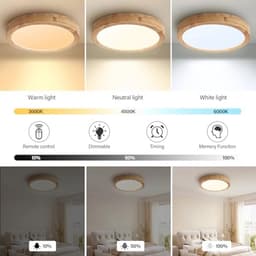 Dimbare Houten LED Plafondlamp - 40 cm - Met Afstandsbediening - Ronde Plafondlamp voor Slaapkamer, Kantoor en Keuken — thumbnail 5