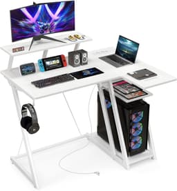 COSTWAY Bureau met stopcontacten en USB-poorten, kleine computertafel met monitorstandaard, hoofdtelefoonhaak, opbergvak en CPU-standaard, hoekbureau voor kleine ruimtes, 107 x 45 x 93 cm (wit) — thumbnail 1