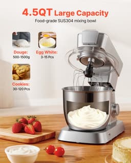 Elektrische Keukenmixer met Een Capaciteit van 4,3 L, 1300 W Vermogen, 6+P Instelbare Snelheden, Kantelbaar Ontwerp, Inclusief 1,5 L Blenderbeker, Roestvrijstalen Kom, Deeghaak, Garde en Klopper voor Bakken en Mixen, Zilver — thumbnail 3